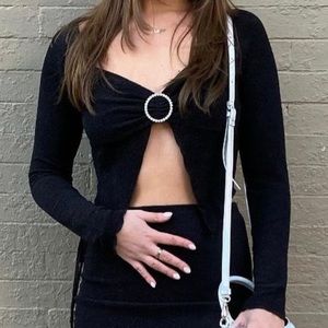 Black Crop Top Rhinestone Detail